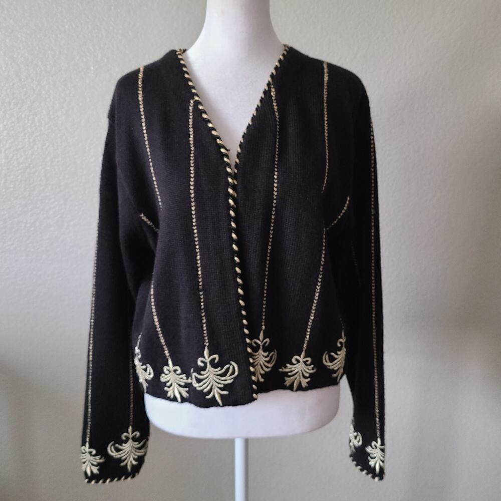 Vintage 90s Wool Cardigan Sweater Medium‎ Casual Corner Metallic Gold Embroidery